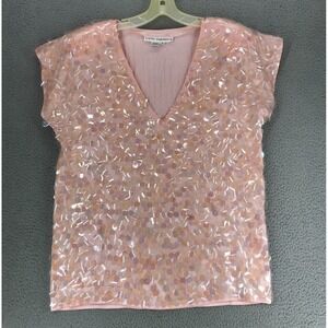 Cathy Hardwick Sequined Silk Top Women Size M Cap Sleeve Pullover Pink